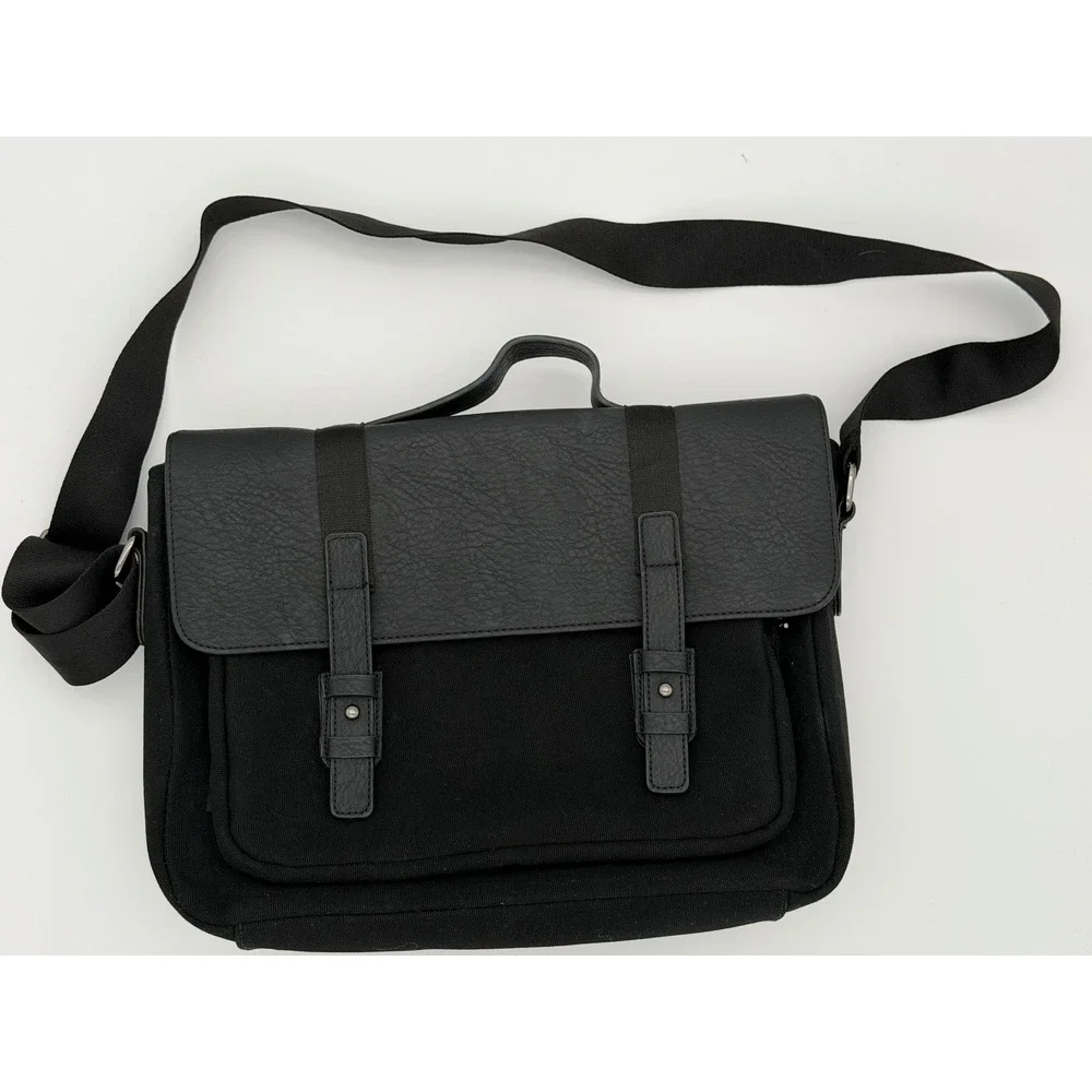 Typo Black Canvas Faux Leather Messenger Bag Crossbody Laptop Satchel Work Bag